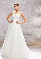 Timeless Ball Gown Princess V-Neck Satin Wedding Dress with Chapel Train and Lace Sequins BM bride