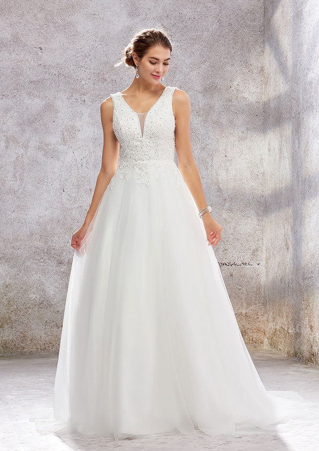 Timeless Ball Gown Princess V-Neck Satin Wedding Dress with Chapel Train and Lace Sequins BM bride