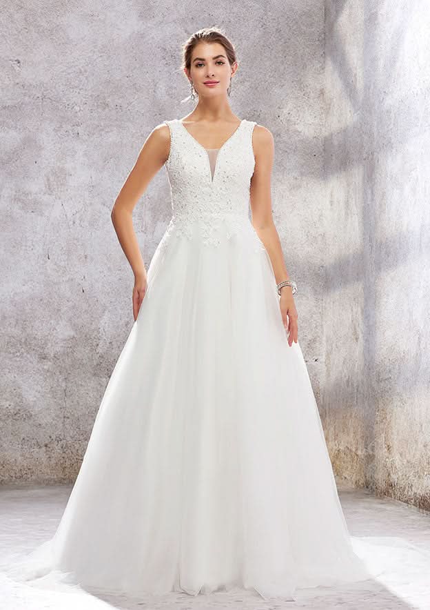 Timeless Ball Gown Princess V-Neck Satin Wedding Dress with Chapel Train and Lace Sequins BM bride