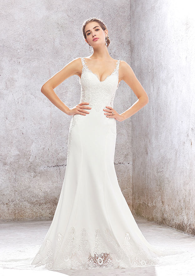 Modern Trumpet/Mermaid V-Neck Sleeveless Chapel Train Elastic Satin Wedding Dress with Elegant Lace Appliqueds BM bride