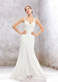 Modern Trumpet/Mermaid V-Neck Sleeveless Chapel Train Elastic Satin Wedding Dress with Elegant Lace Appliqueds BM bride