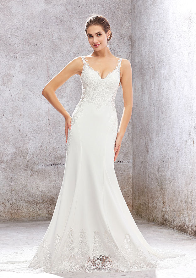 Modern Trumpet/Mermaid V-Neck Sleeveless Chapel Train Elastic Satin Wedding Dress with Elegant Lace Appliques BM bride