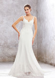 Modern Trumpet/Mermaid V-Neck Sleeveless Chapel Train Elastic Satin Wedding Dress with Elegant Lace Appliques BM bride