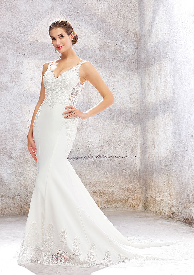 Modern Trumpet/Mermaid V-Neck Sleeveless Chapel Train Elastic Satin Wedding Dress with Elegant Lace Appliques BM bride