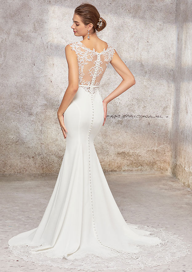 Elegant Trumpet/Mermaid Scoop Neck Sleeveless Cathedral Train Stretch Crepe Wedding Dress with Appliqued Sashes BM bride