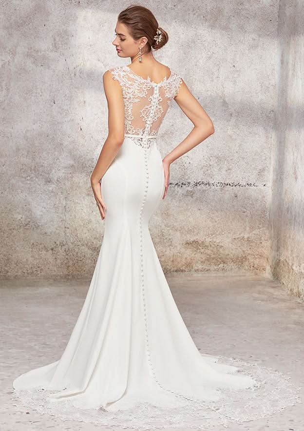 Elegant Trumpet/Mermaid Scoop Neck Sleeveless Cathedral Train Stretch Crepe Wedding Dress with Applique Sashes BM bride