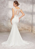 Elegant Trumpet/Mermaid Scoop Neck Sleeveless Cathedral Train Stretch Crepe Wedding Dress with Applique Sashes BM bride