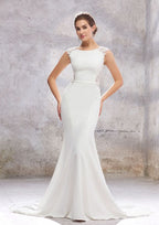 Elegant Trumpet/Mermaid Scoop Neck Sleeveless Cathedral Train Stretch Crepe Wedding Dress with Applique Sashes BM bride