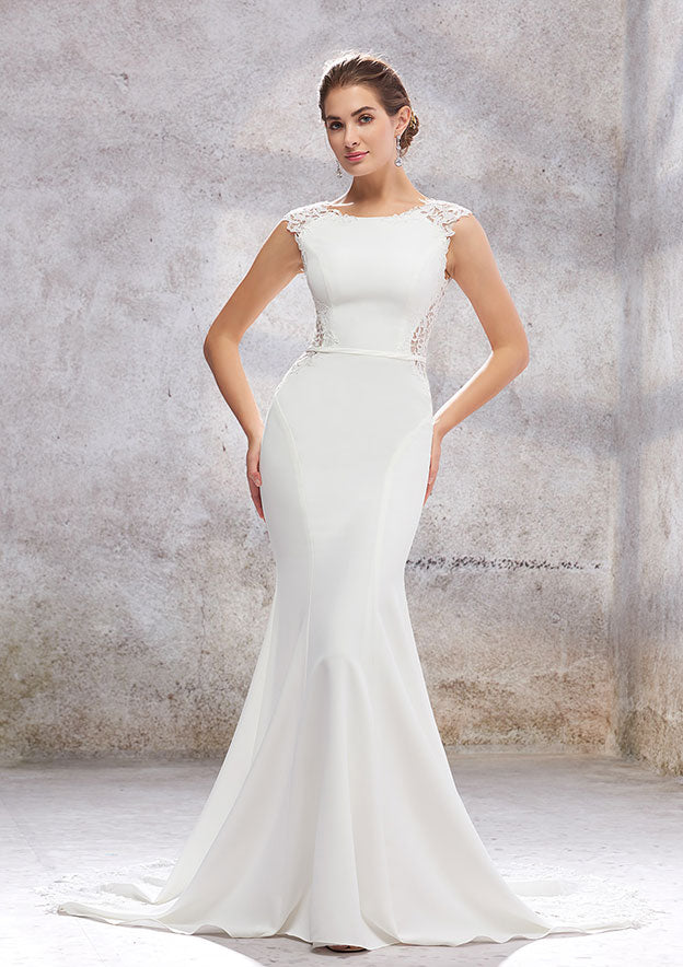 Elegant Trumpet/Mermaid Scoop Neck Sleeveless Cathedral Train Stretch Crepe Wedding Dress with Appliqued Sashes BM bride