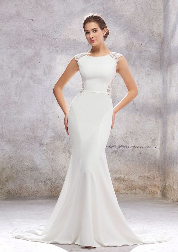 Elegant Trumpet/Mermaid Scoop Neck Sleeveless Cathedral Train Stretch Crepe Wedding Dress with Appliqued Sashes BM bride