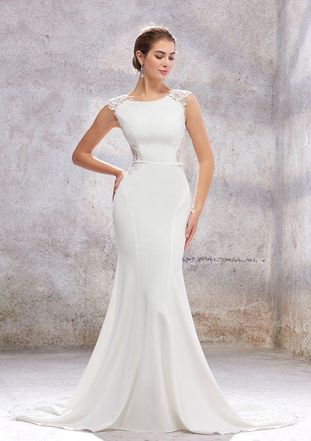 Elegant Trumpet/Mermaid Scoop Neck Sleeveless Cathedral Train Stretch Crepe Wedding Dress with Appliqued Sashes BM bride