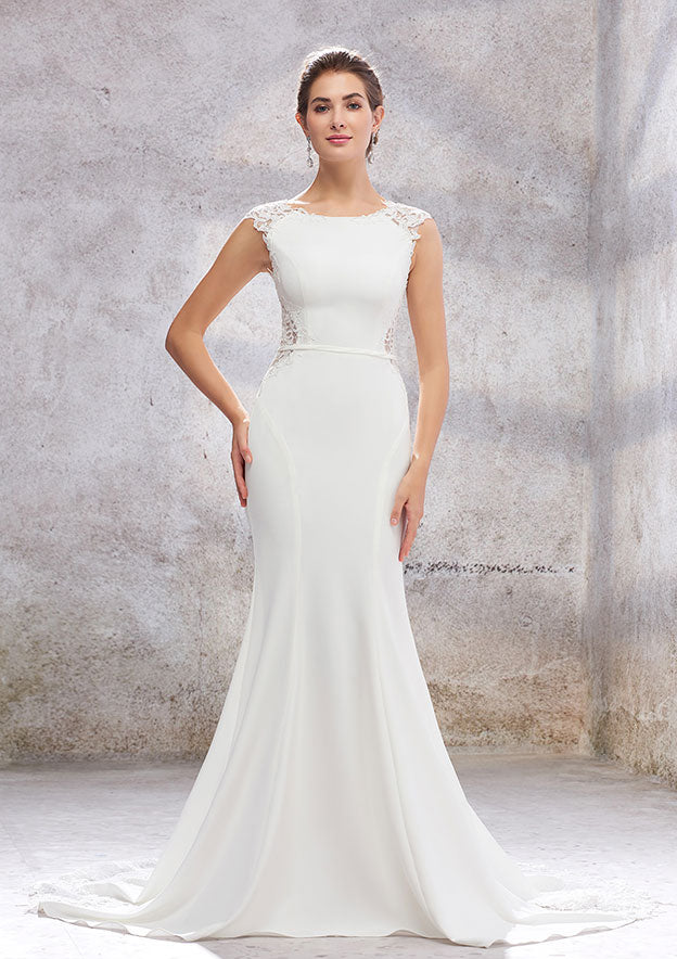 Elegant Trumpet/Mermaid Scoop Neck Sleeveless Cathedral Train Stretch Crepe Wedding Dress with Appliqued Sashes BM bride