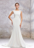 Elegant Trumpet/Mermaid Scoop Neck Sleeveless Cathedral Train Stretch Crepe Wedding Dress with Appliqued Sashes BM bride