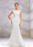 Elegant Trumpet/Mermaid Scoop Neck Sleeveless Cathedral Train Stretch Crepe Wedding Dress with Applique Sashes BM bride