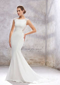Elegant Trumpet/Mermaid Scoop Neck Sleeveless Cathedral Train Stretch Crepe Wedding Dress with Applique Sashes BM bride