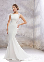 Elegant Trumpet/Mermaid Scoop Neck Sleeveless Cathedral Train Stretch Crepe Wedding Dress with Appliqued Sashes BM bride
