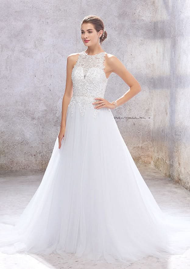 Elegant A-Line Scoop Neck Wedding Dress: Sleeveless with Embroidered Beading and Court Train BM bride