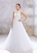 Elegant A-Line Scoop Neck Wedding Dress: Sleeveless with Embroidered Beading and Court Train BM bride