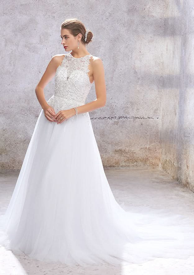Elegant A-Line Scoop Neck Wedding Dress: Sleeveless with Embroidered Beading and Court Train BM bride
