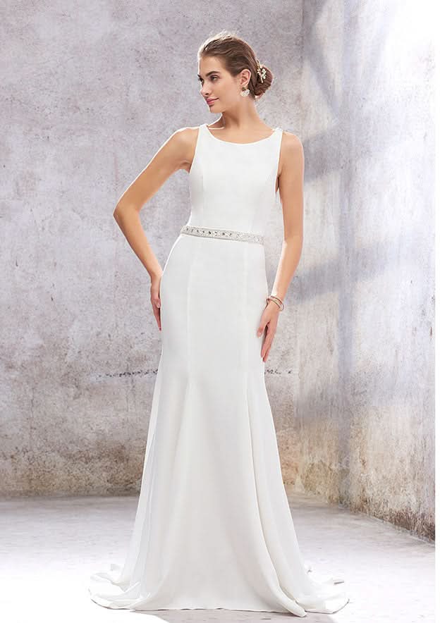 Chic Trumpet/Mermaid Wedding Dress: Scoop Neck Sleeveless with Court Train and Stretch Crepe Fabric BM bride