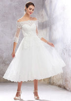 Classic A-Line Off-the-Shoulder Tea-Length Wedding Dress with 3/4 Sleeves in Lace and Tulle, Featuring a Waistband BM bride