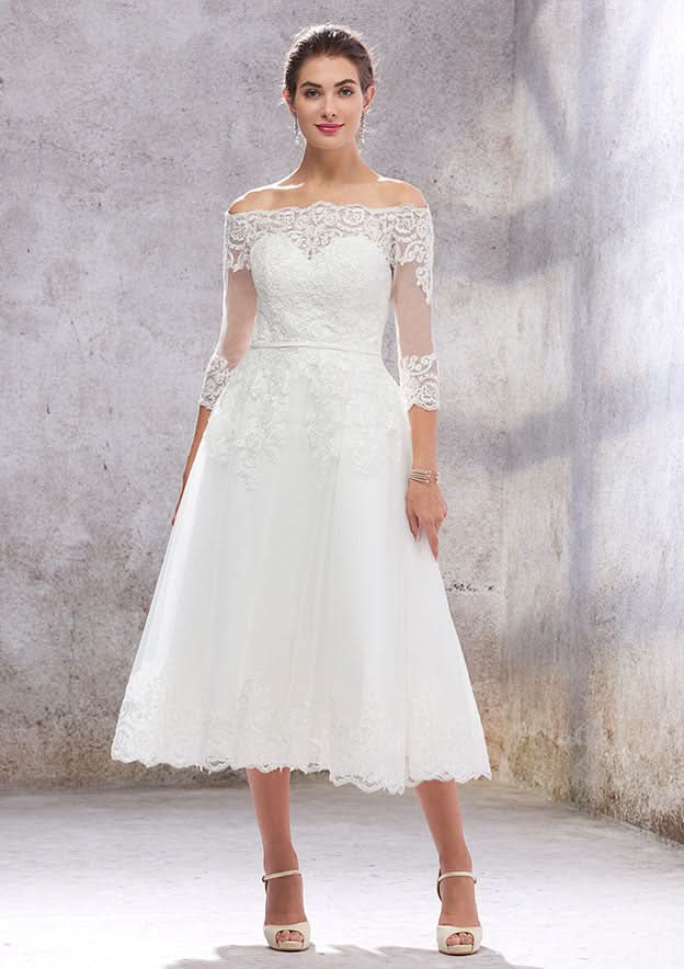 Classic A-Line Off-the-Shoulder Tea-Length Wedding Dress with 3/4 Sleeves in Lace and Tulle, Featuring a Waistband BM bride
