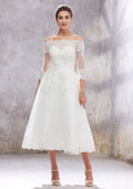Classic A-Line Off-the-Shoulder Tea-Length Wedding Dress with 3/4 Sleeves in Lace and Tulle, Featuring a Waistband BM bride