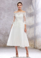 Classic A-Line Off-the-Shoulder Tea-Length Wedding Dress with 3/4 Sleeves in Lace and Tulle, Featuring a Waistband BM bride