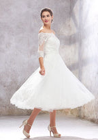 Classic A-Line Off-the-Shoulder Tea-Length Wedding Dress with 3/4 Sleeves in Lace and Tulle, Featuring a Waistband BM bride