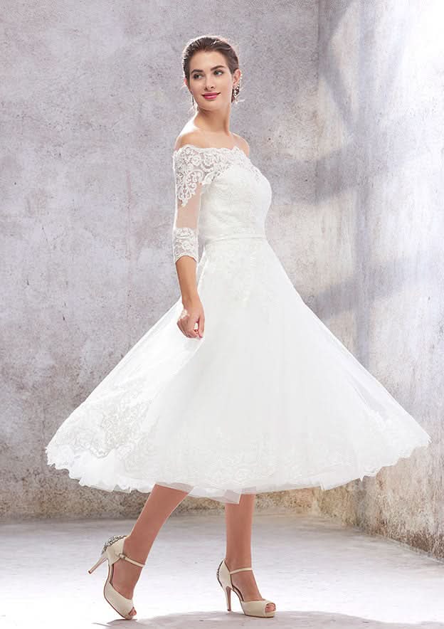 Classic A-Line Off-the-Shoulder Tea-Length Wedding Dress with 3/4 Sleeves in Lace and Tulle, Featuring a Waistband BM bride