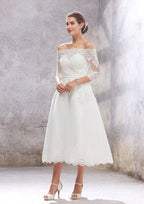 Classic A-Line Off-the-Shoulder Tea-Length Wedding Dress with 3/4 Sleeves in Lace and Tulle, Featuring a Waistband BM bride