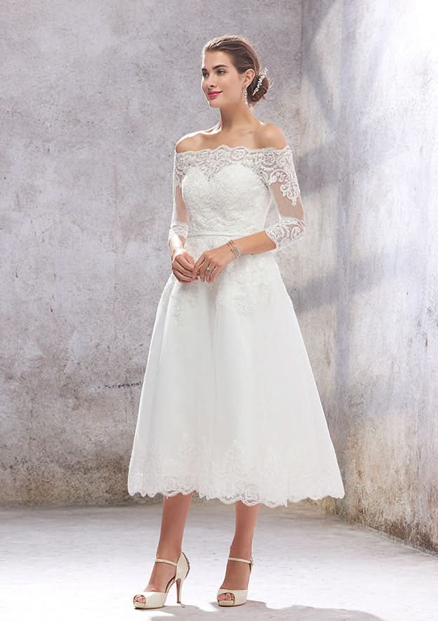 Classic A-Line Off-the-Shoulder Tea-Length Wedding Dress with 3/4 Sleeves in Lace and Tulle, Featuring a Waistband BM bride