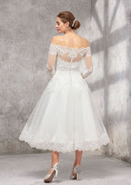 Classic A-Line Off-the-Shoulder Tea-Length Wedding Dress with 3/4 Sleeves in Lace and Tulle, Featuring a Waistband BM bride