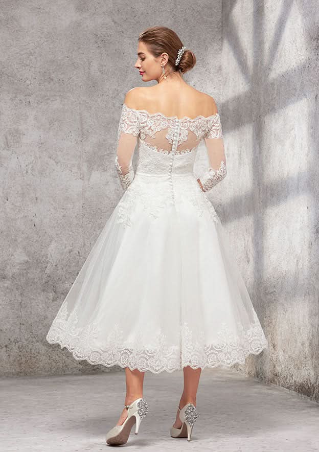 Classic A-Line Off-the-Shoulder Tea-Length Wedding Dress with 3/4 Sleeves in Lace and Tulle, Featuring a Waistband BM bride