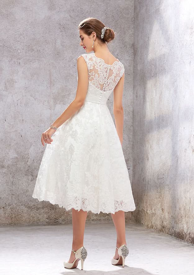 Graceful A-Line Scalloped Neck Sleeveless Tea-Length Satin Lace Wedding Dress with Bowknot Accent BM bride