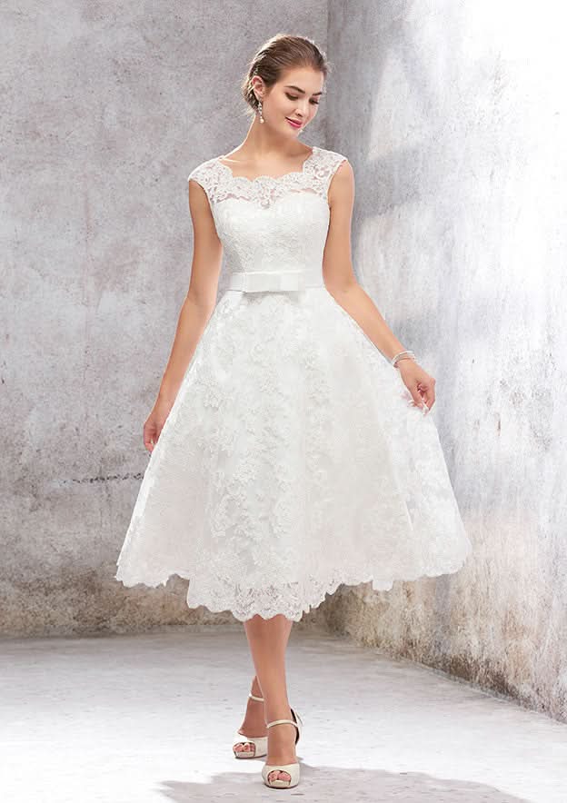 Graceful A-Line Scalloped Neck Sleeveless Tea-Length Satin Lace Wedding Dress with Bowknot Accent BM bride
