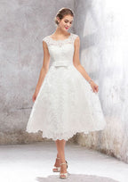 Graceful A-Line Scalloped Neck Sleeveless Tea-Length Satin Lace Wedding Dress with Bowknot Accent BM bride