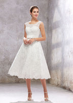 Graceful A-Line Scalloped Neck Sleeveless Tea-Length Satin Lace Wedding Dress with Bowknot Accent BM bride