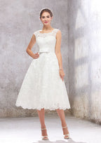 Graceful A-Line Scalloped Neck Sleeveless Tea-Length Satin Lace Wedding Dress with Bowknot Accent BM bride