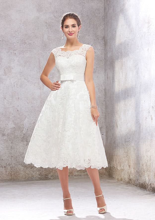 Graceful A-Line Scalloped Neck Sleeveless Tea-Length Satin Lace Wedding Dress with Bowknot Accent BM bride
