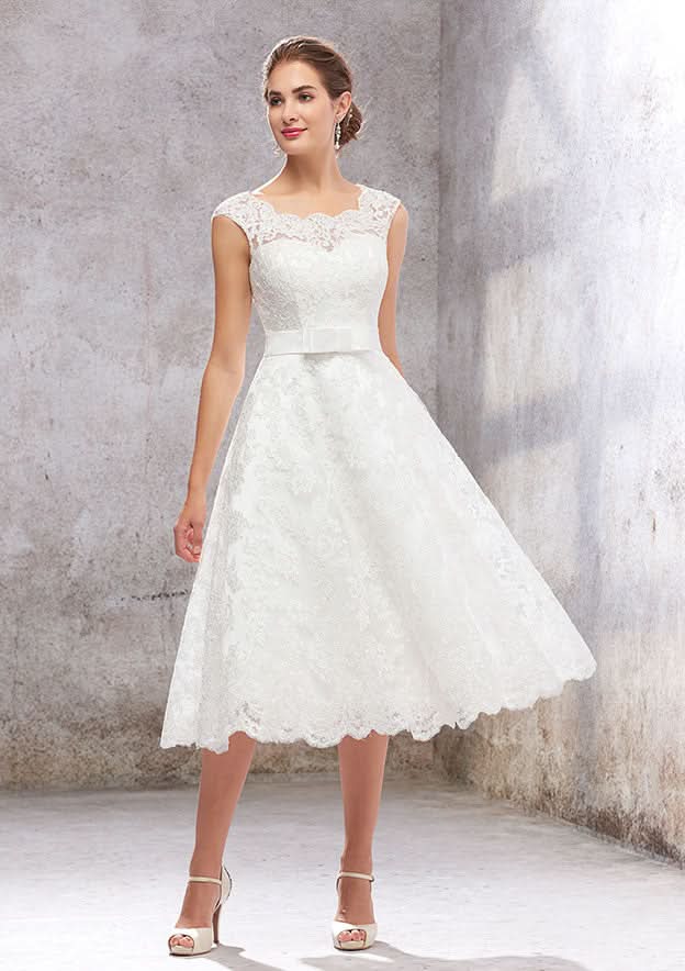 Graceful A-Line Scalloped Neck Sleeveless Tea-Length Satin Lace Wedding Dress with Bowknot Accent BM bride