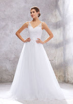 Charming Princess A-Line V-Neck Sleeveless Court Train Wedding Dress: Tulle with Beading and Appliqueds BM bride
