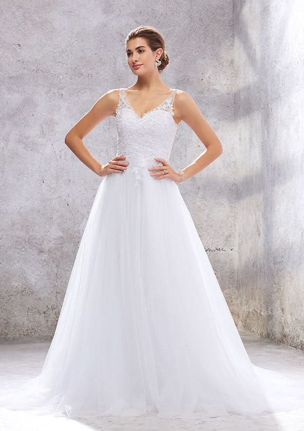 Charming Princess A-Line V-Neck Sleeveless Court Train Wedding Dress: Tulle with Beading and Appliques BM bride