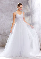 Charming Princess A-Line V-Neck Sleeveless Court Train Wedding Dress: Tulle with Beading and Appliques BM bride