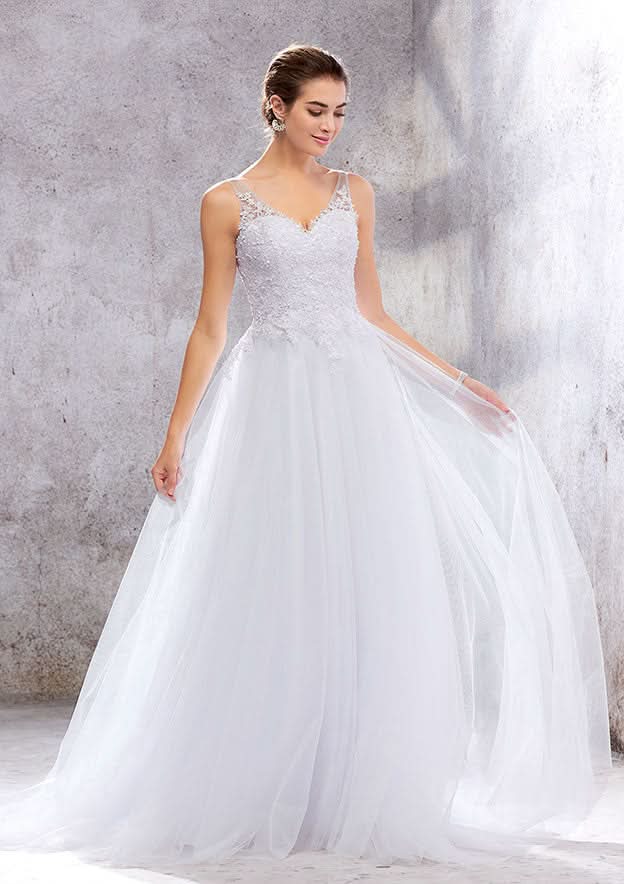 Charming Princess A-Line V-Neck Sleeveless Court Train Wedding Dress: Tulle with Beading and Appliques BM bride