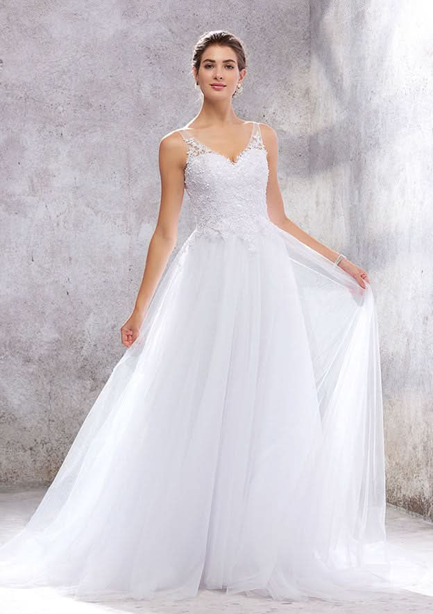 Charming Princess A-Line V-Neck Sleeveless Court Train Wedding Dress: Tulle with Beading and Appliqueds BM bride