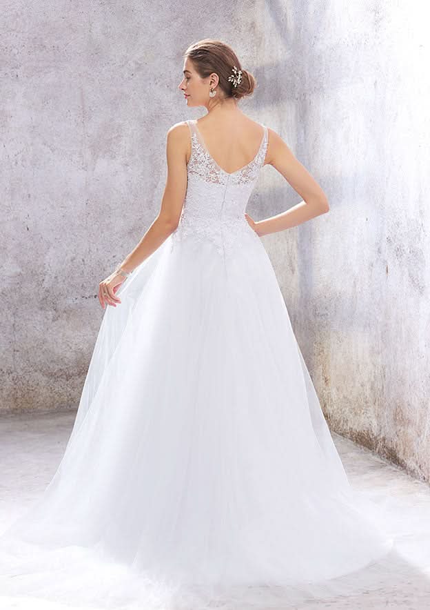 Charming Princess A-Line V-Neck Sleeveless Court Train Wedding Dress: Tulle with Beading and Appliqueds BM bride