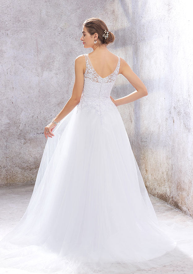 Charming Princess A-Line V-Neck Sleeveless Court Train Wedding Dress: Tulle with Beading and Appliques BM bride