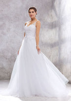 Charming Princess A-Line V-Neck Sleeveless Court Train Wedding Dress: Tulle with Beading and Appliques BM bride