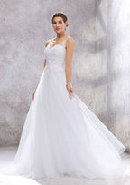 Charming Princess A-Line V-Neck Sleeveless Court Train Wedding Dress: Tulle with Beading and Appliqueds BM bride